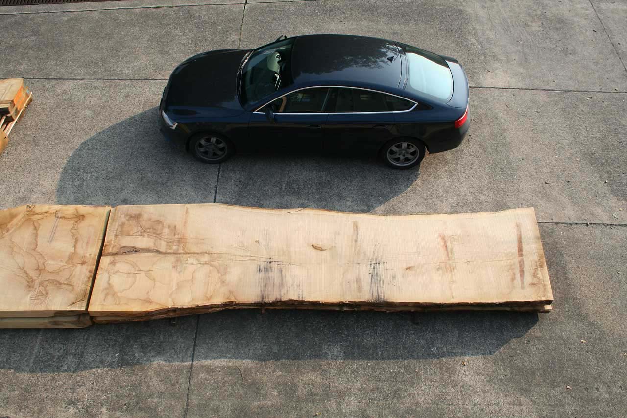 Eine Eichenplatte ca 500 Jahre alt im Größenvergleich mit einem Audi A5