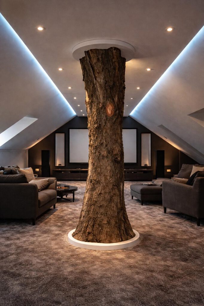Elegantes Heimkino im Dachgeschoss mit echtem Baumstamm