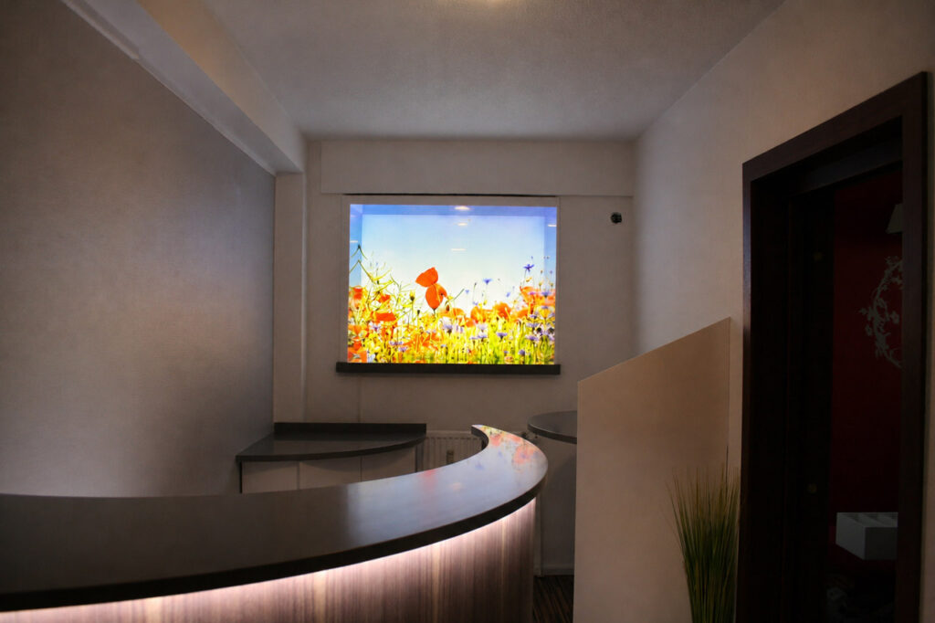 Empfangstresen für eine Physiotherapiepraxis in Springe mit indirekter Beleuchtung und beleuchtetem Wandbild einer Blumenwiese.