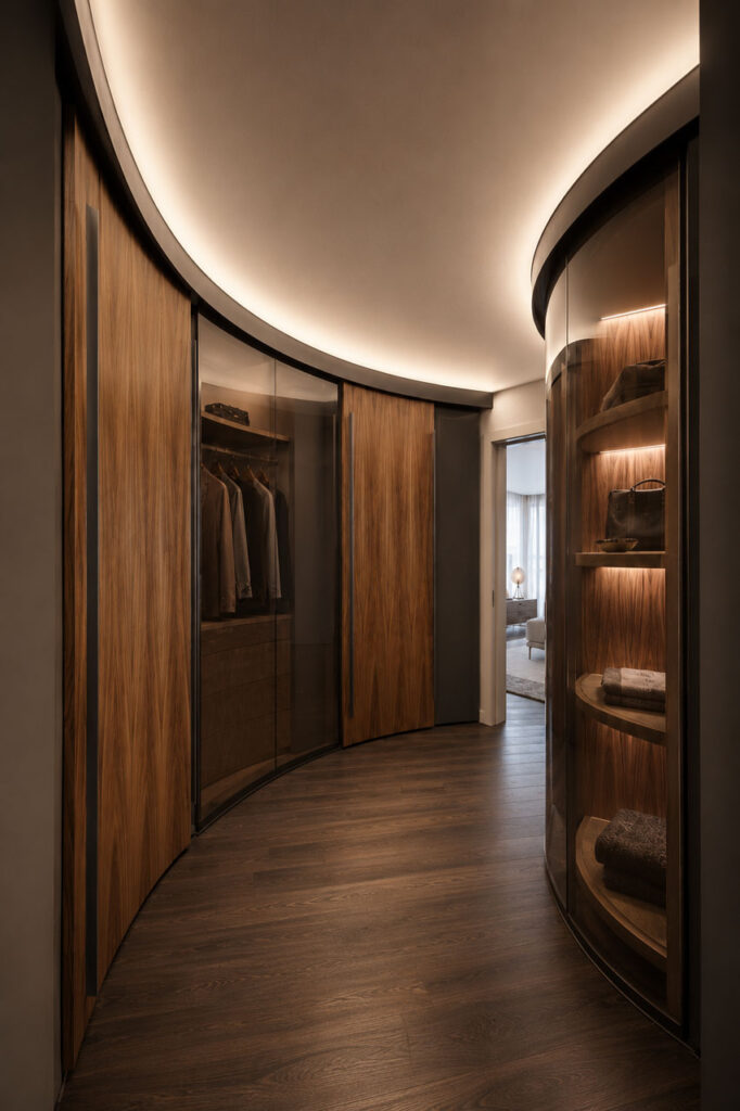 Elegantes Ankleidezimmer mit geschwungener Raumführung, edlem Olivenholzfurnier und modernen Glastüren in Rauchgrau.