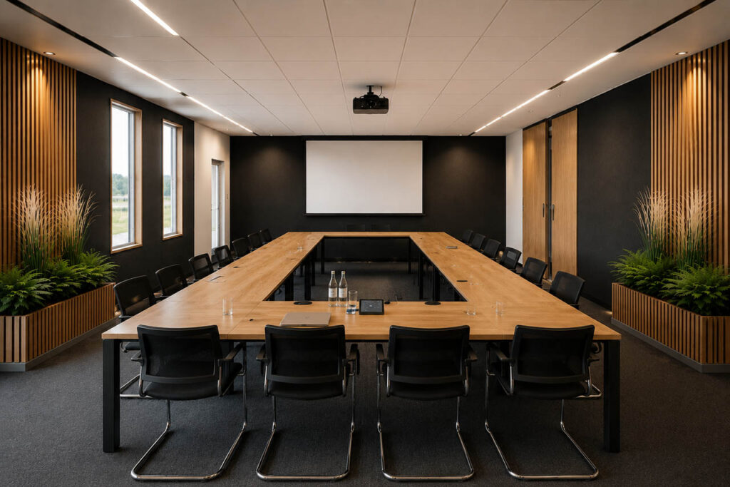 Moderner Konferenzraum eines Maschinenbau-Unternehmens mit einer integrierten Raumbegrünung von Stammstark für besseres Raumklima und Akustik