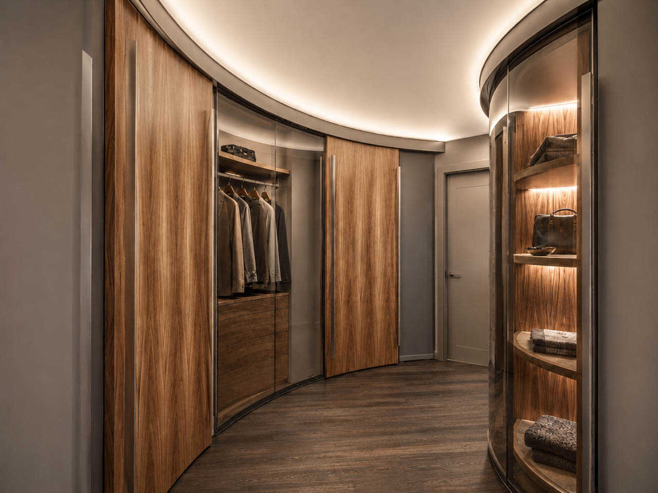 Elegantes Ankleidezimmer mit geschwungener Raumführung, edlem Olivenholzfurnier und modernen Glastüren in Rauchgrau.