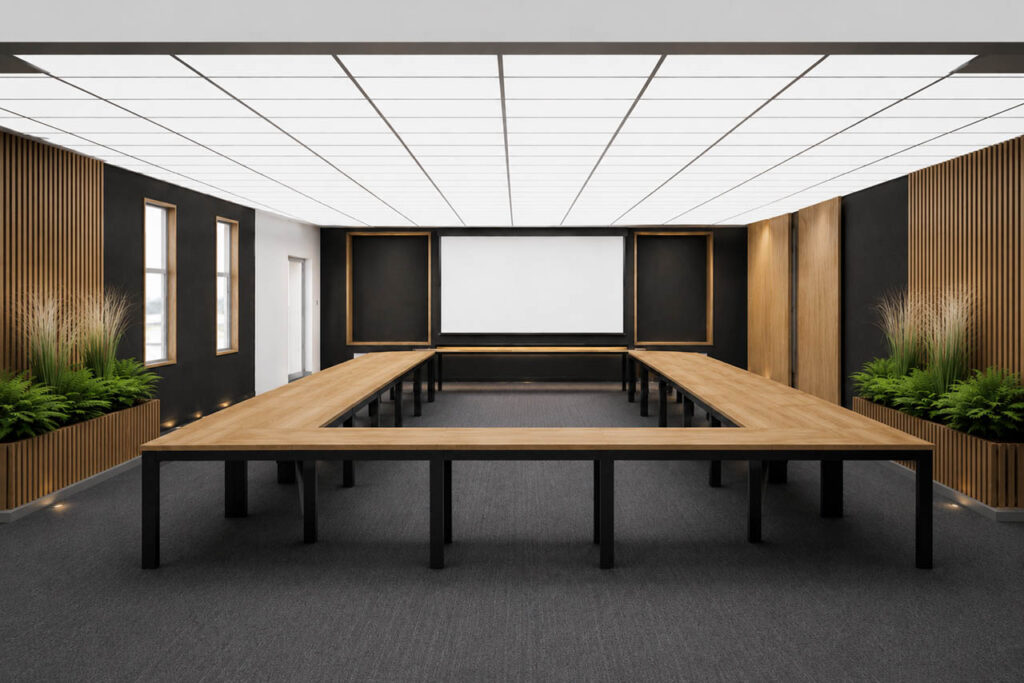 Konferenzraum mit Akustikoptimierung und integrierter Begrünung visualisiert von Stammstark