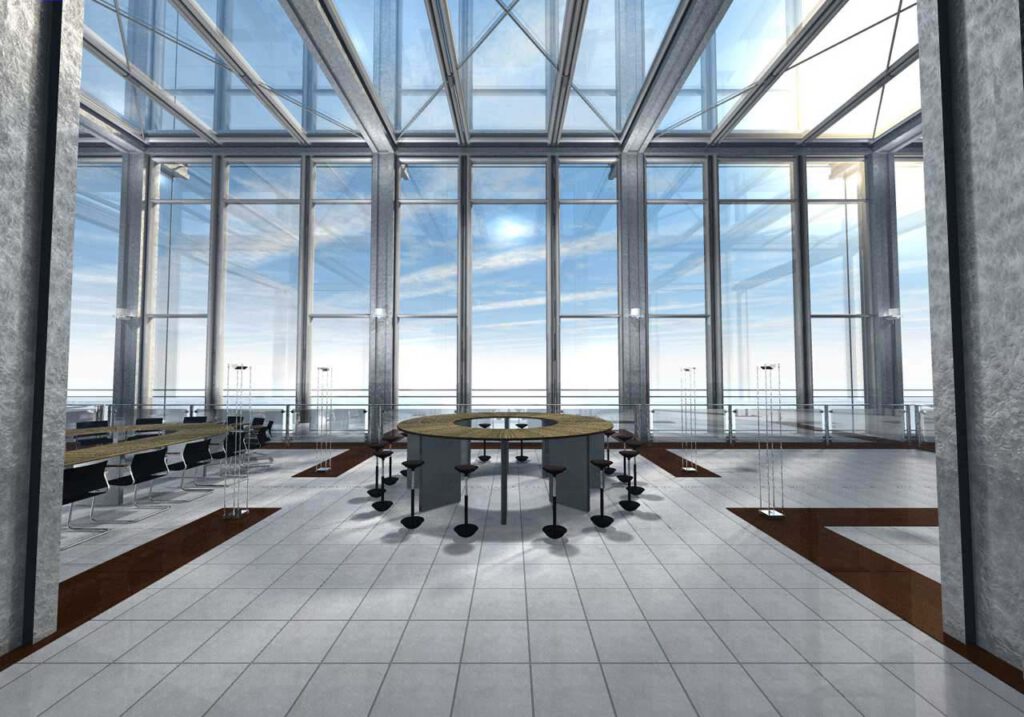 3D Rendering Visualisierung eines modernen Atriums aus Glas mit Konferenztischanlage