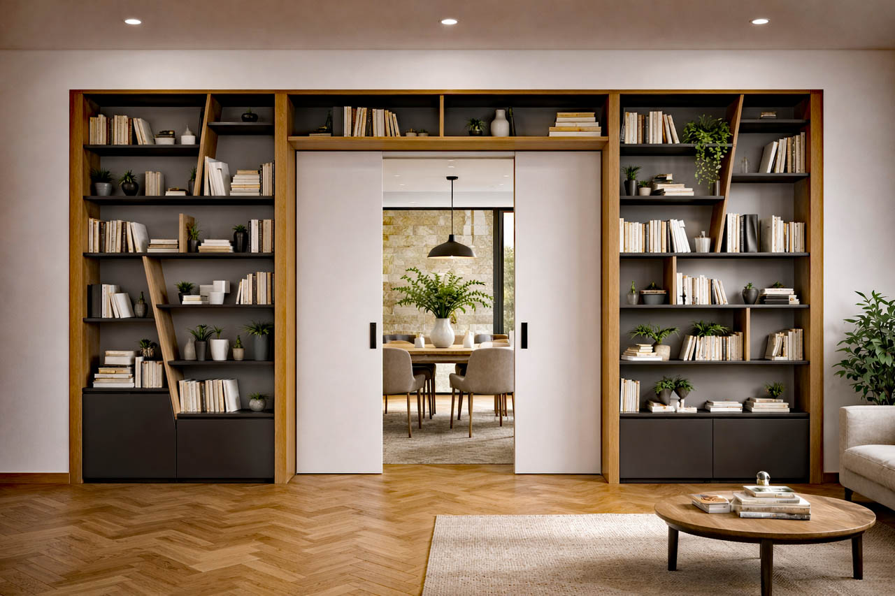 3D-Visualisierung einer modernen Bücherwand mit Blick auf das Esszimmer