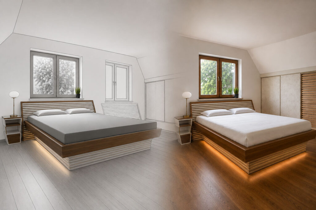 Visualisierung und realisierte Schlafzimmergestaltung im direkten Vergleich – maßgefertigtes Bett, individuelles Raumkonzept und handwerkliche Umsetzung von Stammstark.
