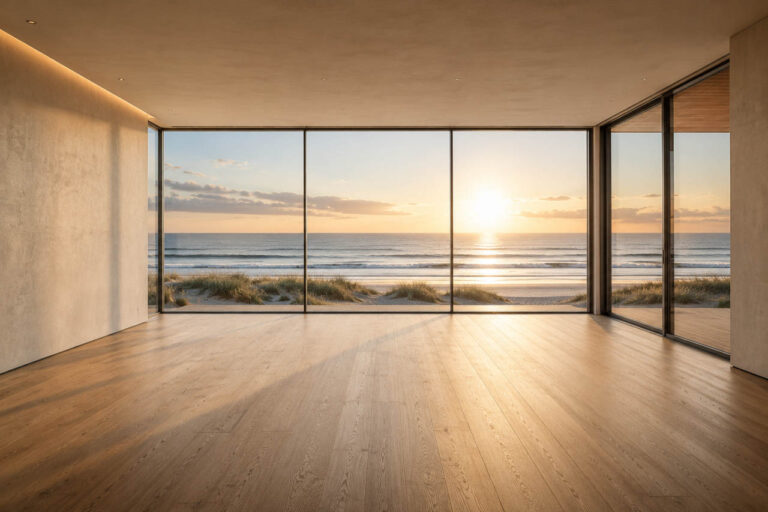 Leerer Raum mit Blick auf das Meer Planung eines Raumkonzeptes vor Ort für ein Strandhaus