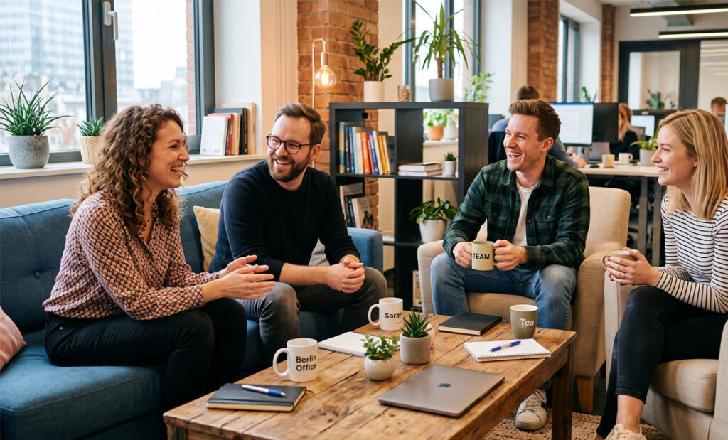 Gewerbliche Raumgestaltung für maximale Produktivität: Vier Kollegen unterhalten sich entspannt in einem modern gestalteten Büro in Hamburg mit harmonischem Farb- und Lichtkonzept.