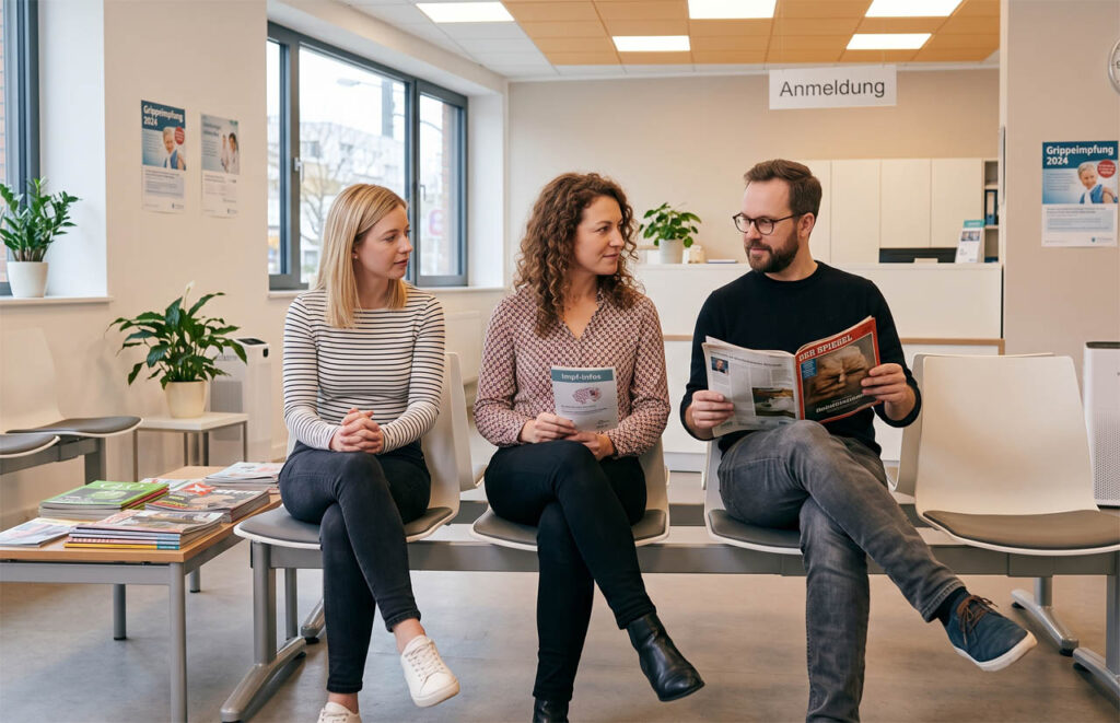 Durchdachtes Raumkonzept für eine Arztpraxis: Drei Patienten sitzen entspannt im hellen, vertrauensvoll gestalteten Wartezimmer mit klarer Orientierung zur Anmeldung.