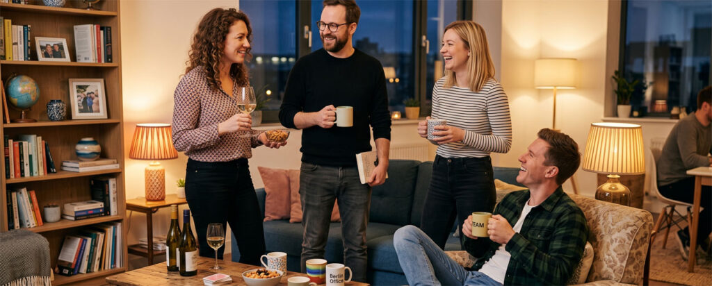 Gute Raumgestaltung im Privatbereich: Eine Gruppe von Freunden in einem gemütlich und warm ausgeleuchteten Wohnzimmer, das Geborgenheit und Persönlichkeit ausstrahlt in einem Appartement in Berlin.