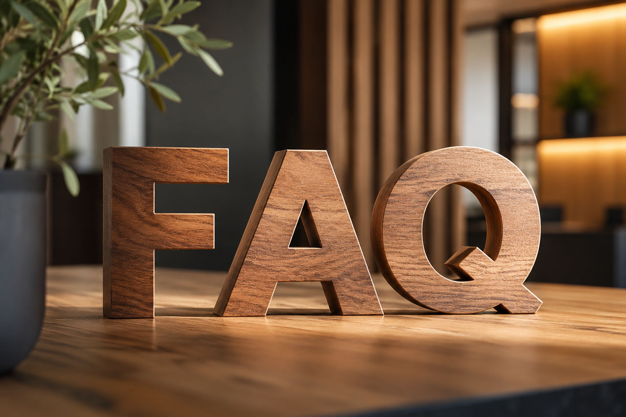 FAQ-Schriftzug aus Holz als Symbol für häufige Fragen zu Raumkonzepten und maßgefertigten Einrichtungen bei Stammstark.